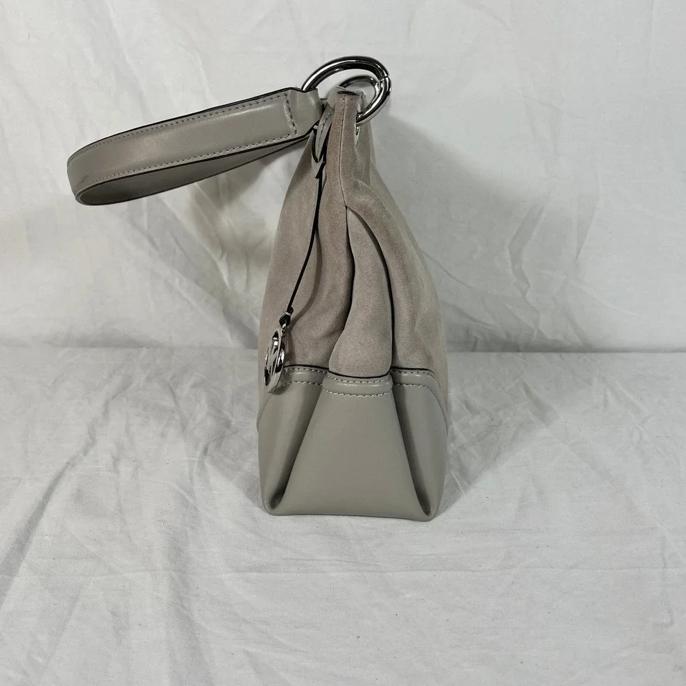 Michael Kors Handbag Gray Taupe Suede Leather Hobo Shoulder‎ Bag Silver MK Logo